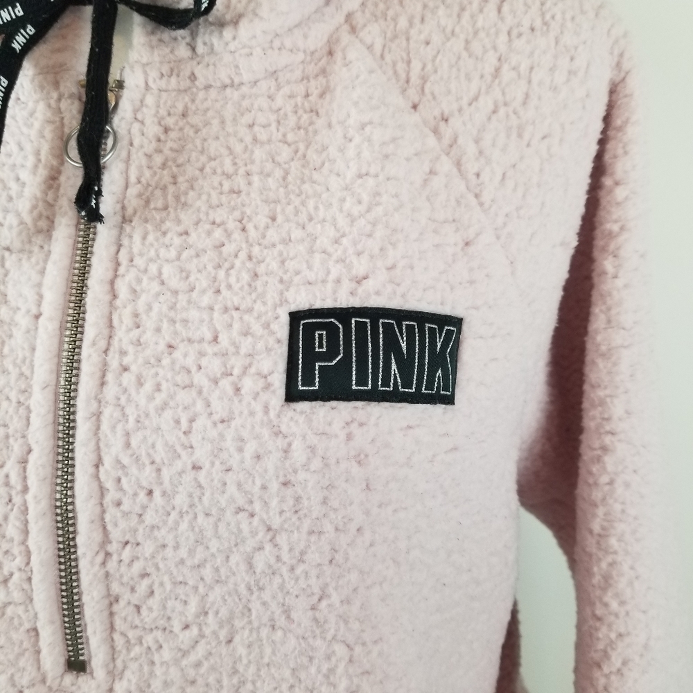 PINK Victoria's Secret Sherpa Fleece 1/4 Zip Hoodie Pullover XS Pink - Picture 2 of 7